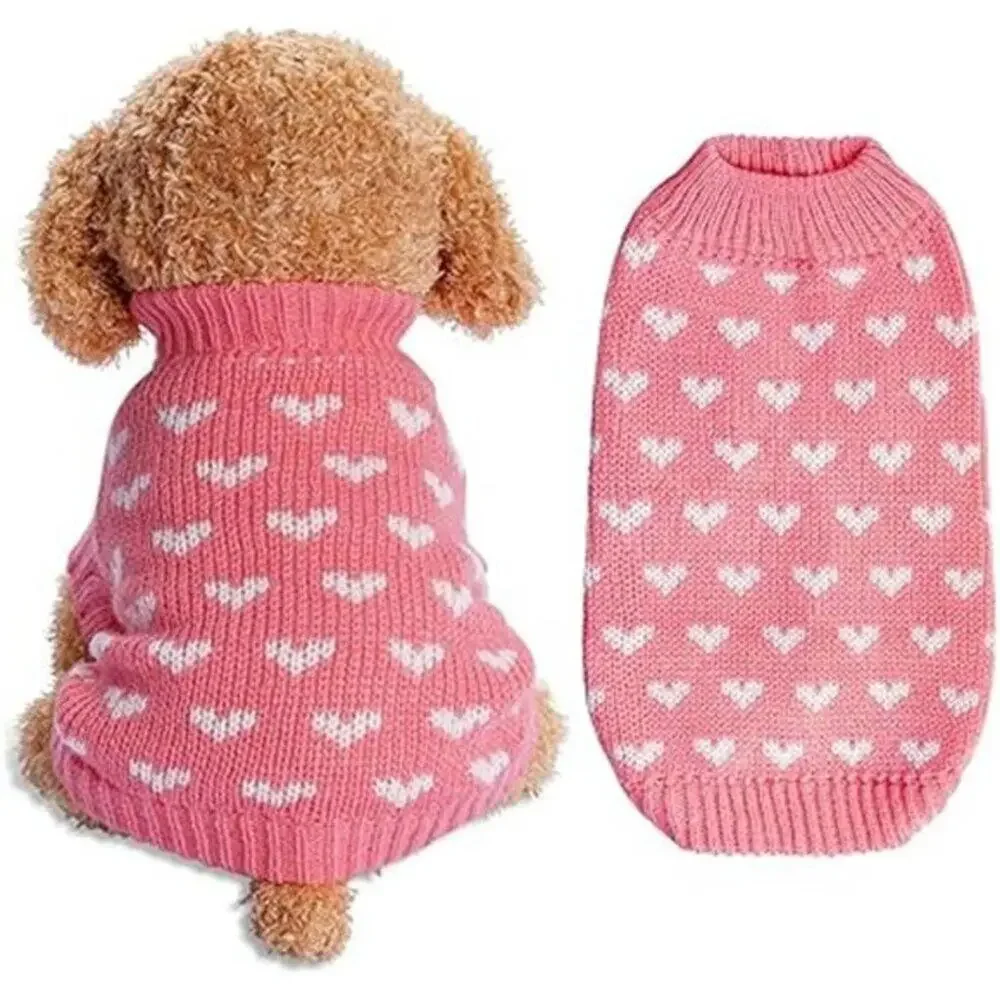Pink Dog & Cat Sweater Knitted Heart Puppy Pullover Warm Soft Holidays Clothes - Picture 9 of 9